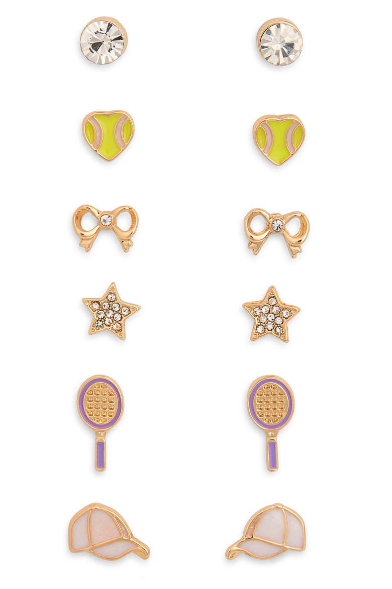 Set of 6 Tennis Stud Earrings, Main, color, WHITE MULTI- GOLD