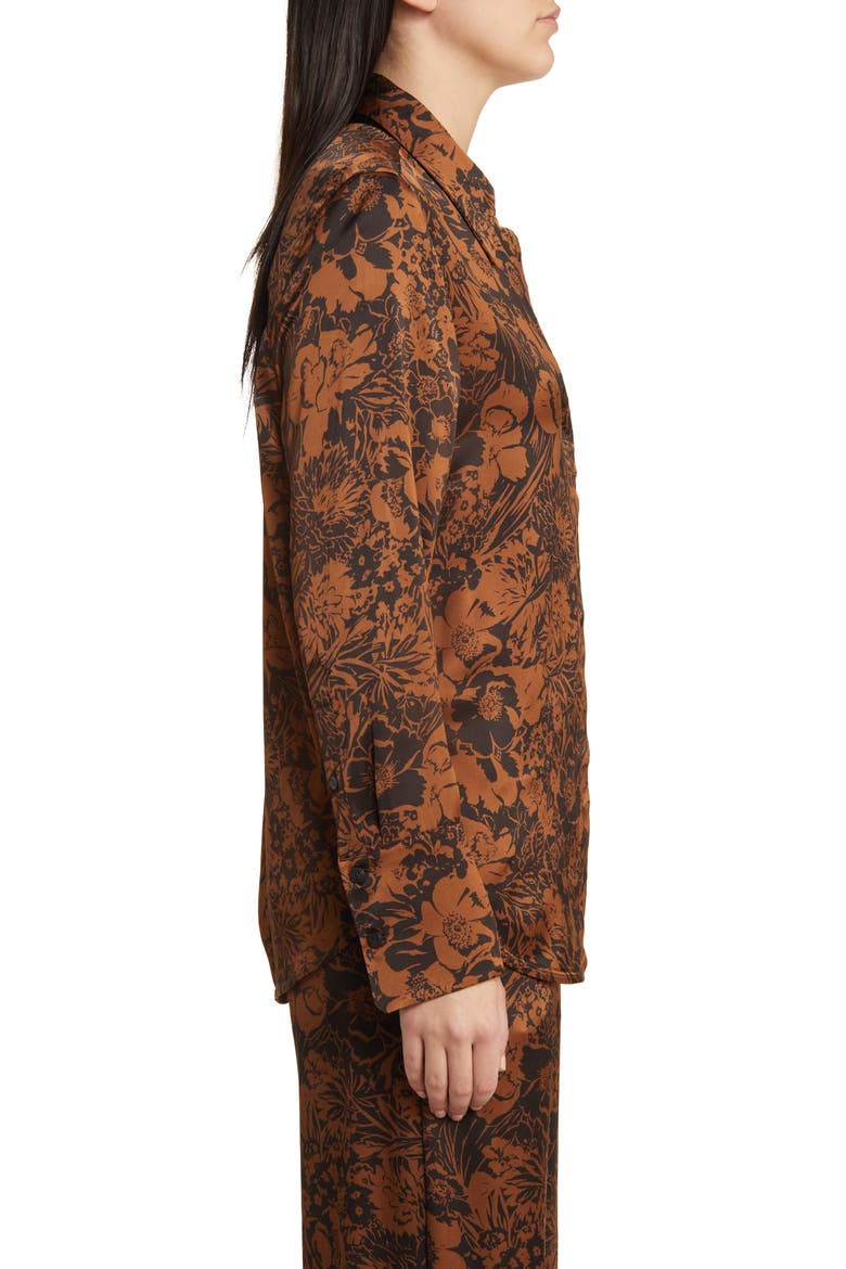 Oversize Floral Satin Button-Up Shirt, Alternate, color, BROWN DARK
