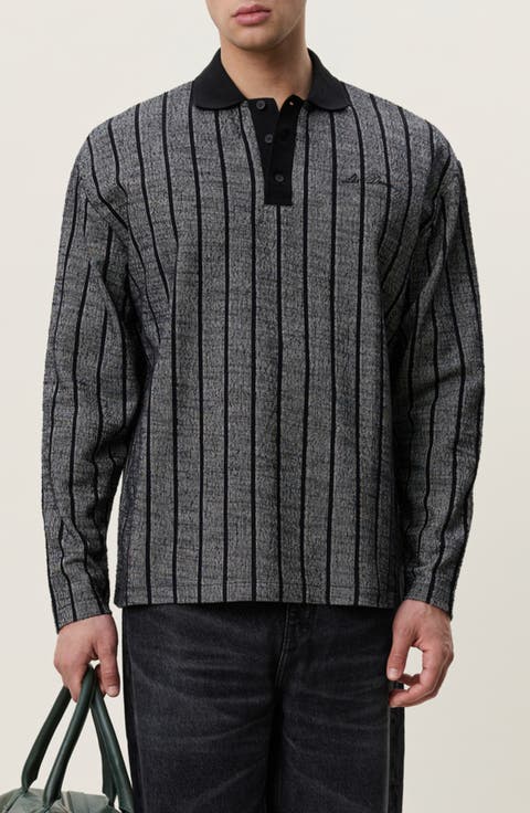 Pinstripe Jacquard Long Sleeve Polo