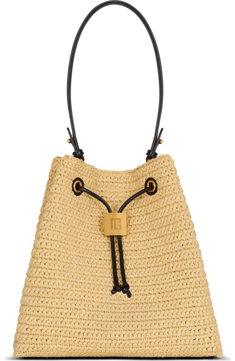 Balmain Pulse crochet and leather backpack, Main, color, Beige