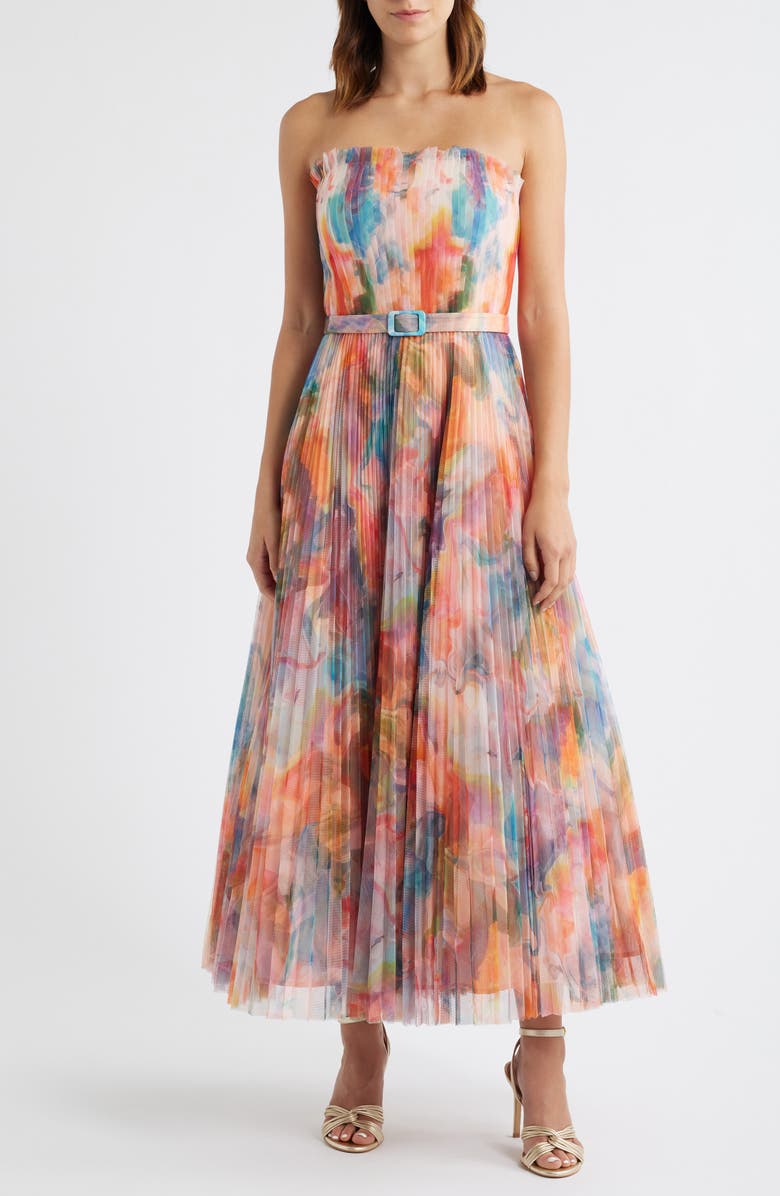 Hutch Pleated Strapless Belted Fit & Flare Cocktail Dress, Main, color, Coral Multi Swirl