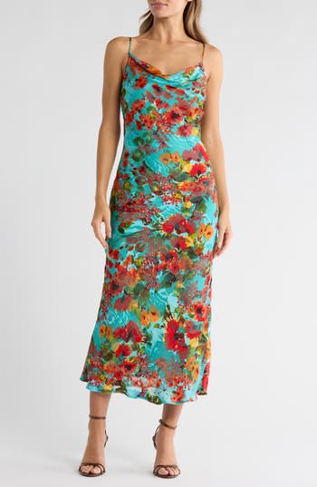 Matty M . Floral Bias Cut Satin Slipdress In Multi