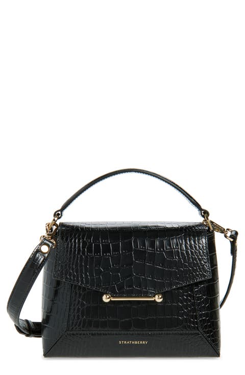 Mosaic Croc Embossed Leather Top Handle Bag