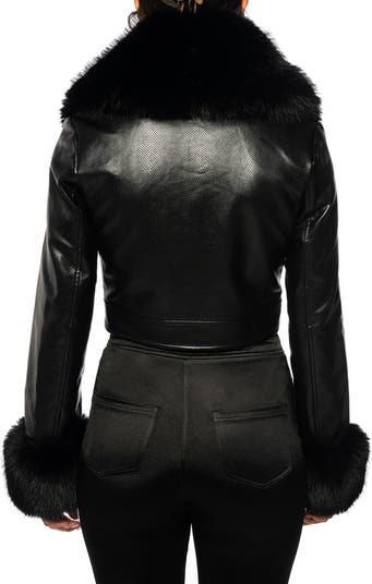 ジャケット・アウター cropped lether faux fur blouson Cropped Faux Fur Leather Jacket Women Winter Lapel Zipper