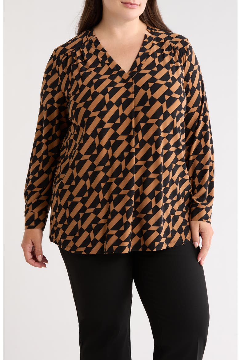 Geometric Print Split Neck Long Sleeve Top, Main, color, ANNE BLACK/ VICUNA
