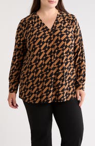 AK ANNE KLEIN Geometric Print Split Neck Long Sleeve Top