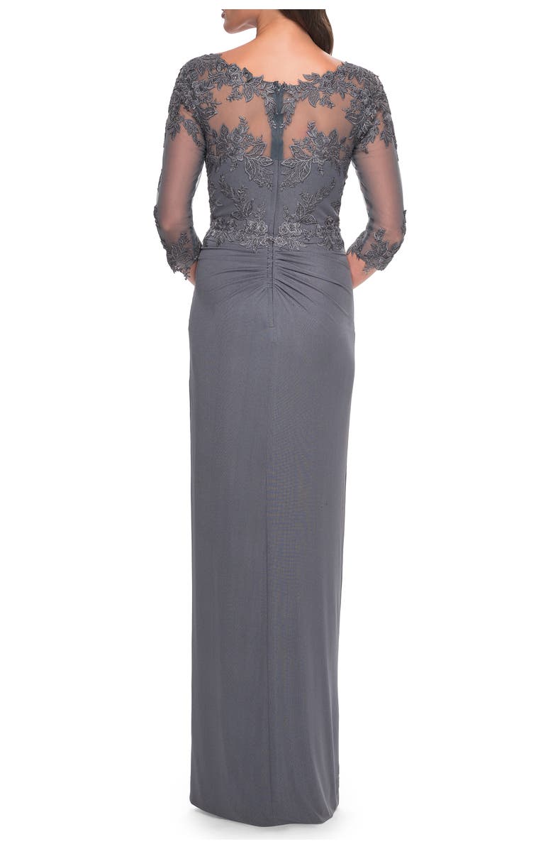 La Femme Long Jersey Evening Dress with Lace Detail Neckline and Sleeves, Alternate, color, Gunmetal