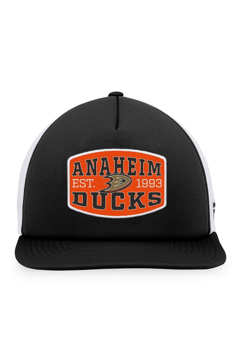 Men's Fanatics Branded Black/White Anaheim Ducks Foam Front Patch Trucker Snapback Hat, Alternate, color, Black