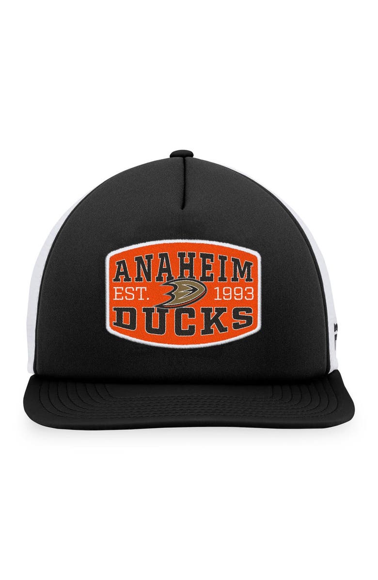 FANATICS Men's Fanatics Branded Black/White Anaheim Ducks Foam Front Patch Trucker Snapback Hat, Alternate, color, Black