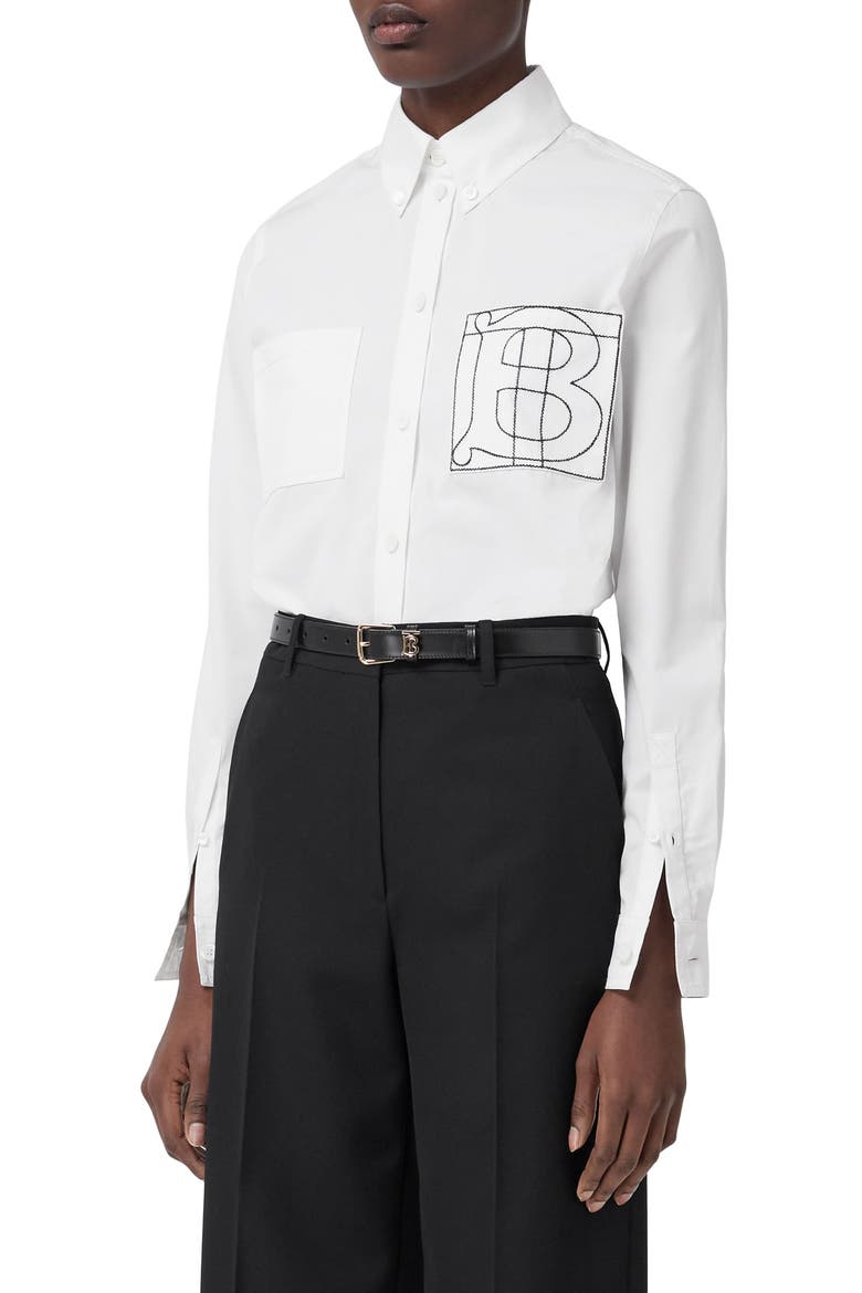 Anette TB Embroidered Cotton Button-Down Shirt, Alternate, color, OPTIC WHITE