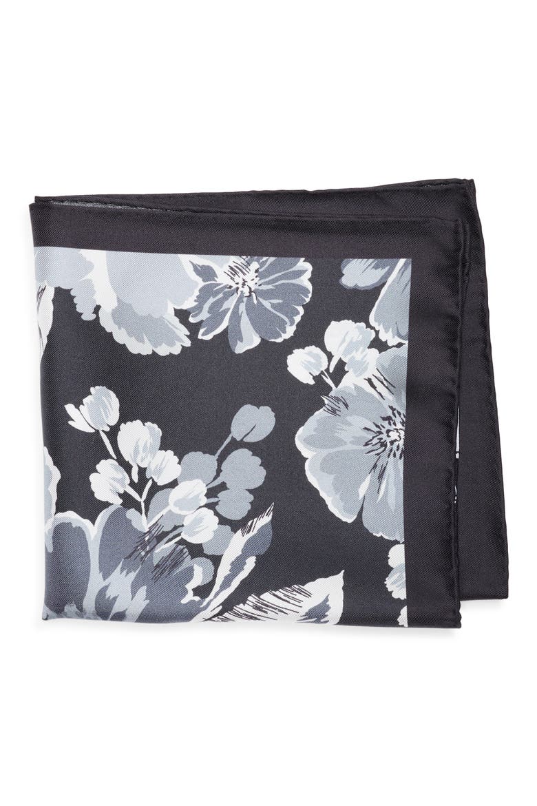 Floral Silk Pocket Square, Main, color, BLACK/ SILVER