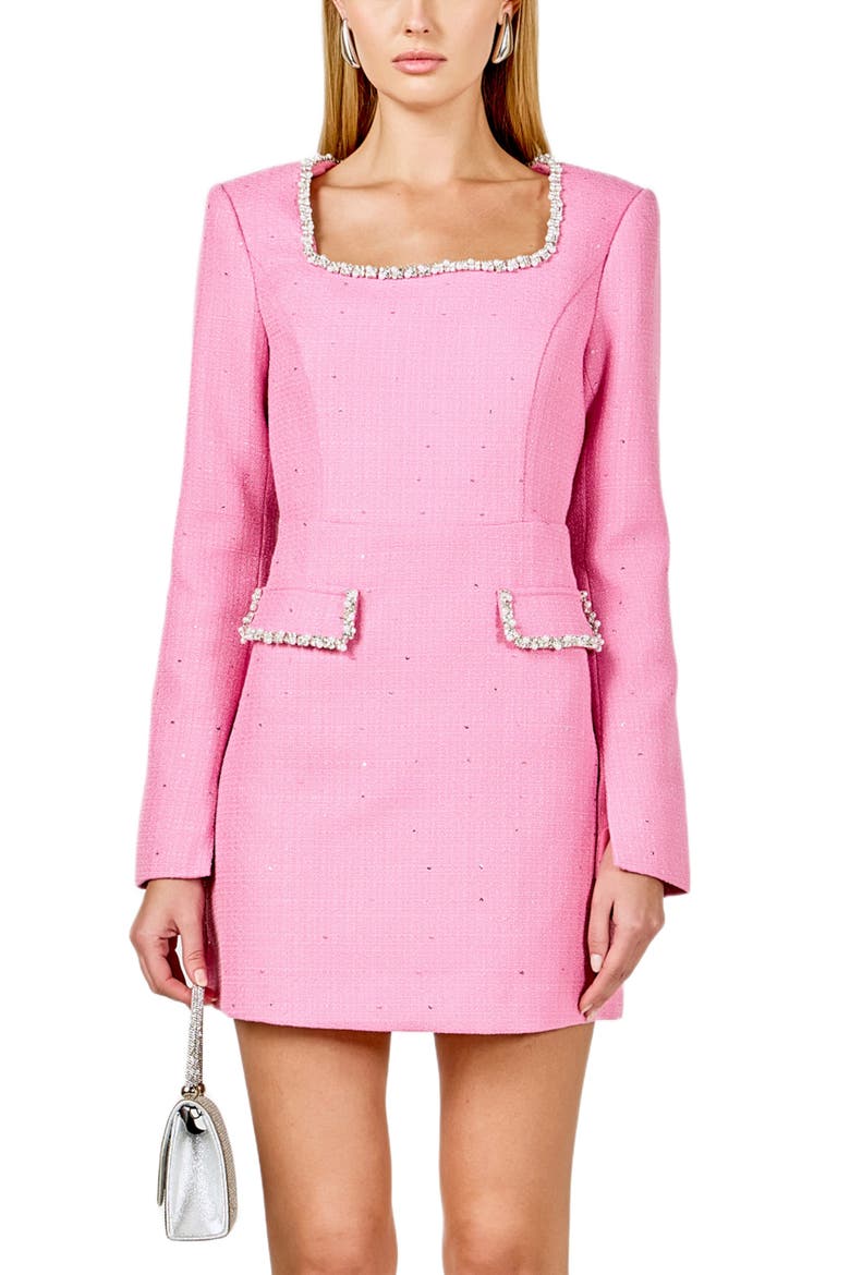 Rhinestone Trim Long Sleeve Tweed Minidress, Alternate, color, PINK