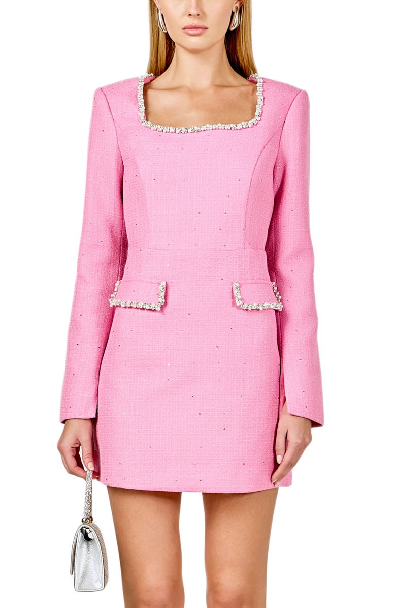 Endless Rose Rhinestone Trim Long Sleeve Tweed Minidress, Alternate, color, Pink