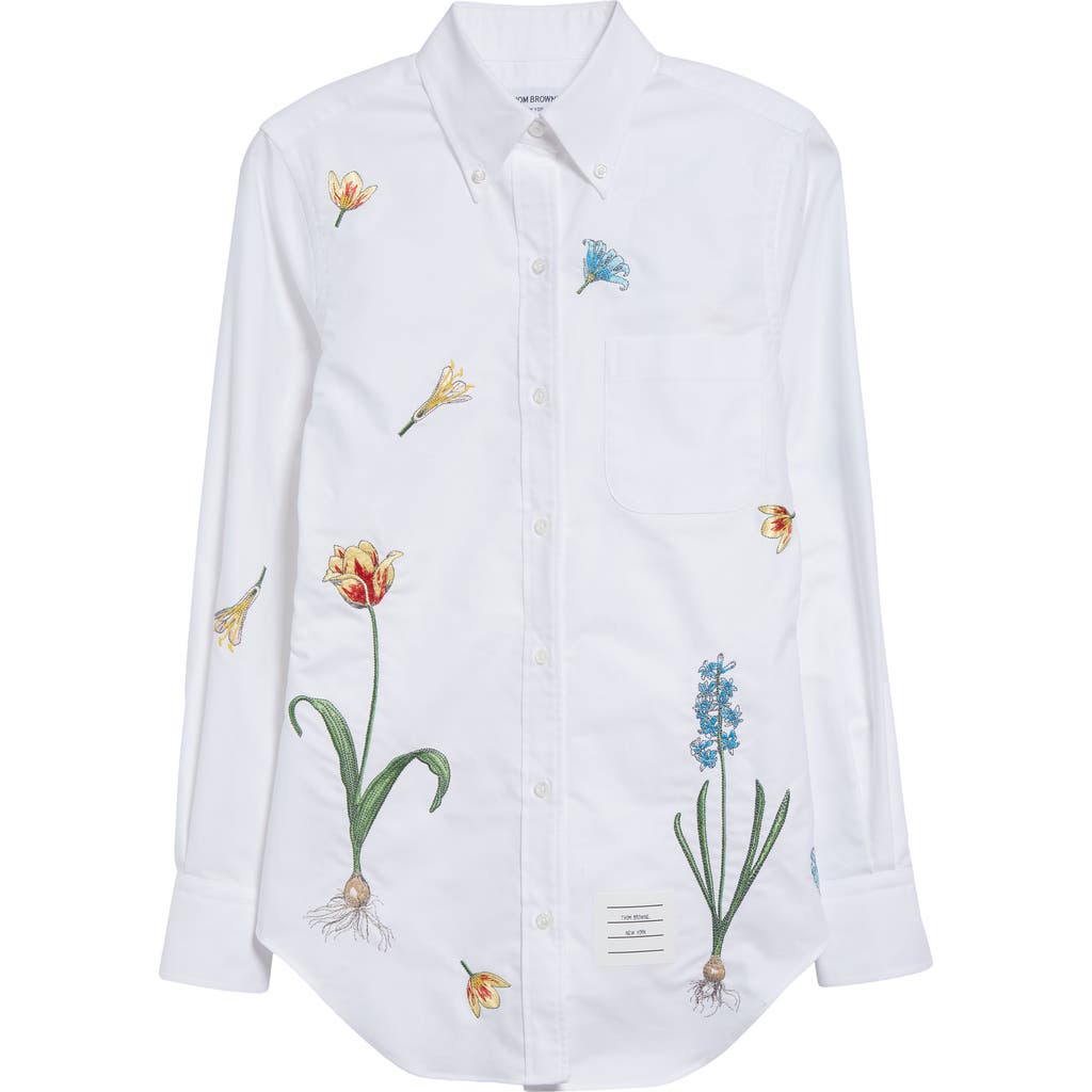 Thom Browne Floral Embroidered Cotton Button-down Shirt In White