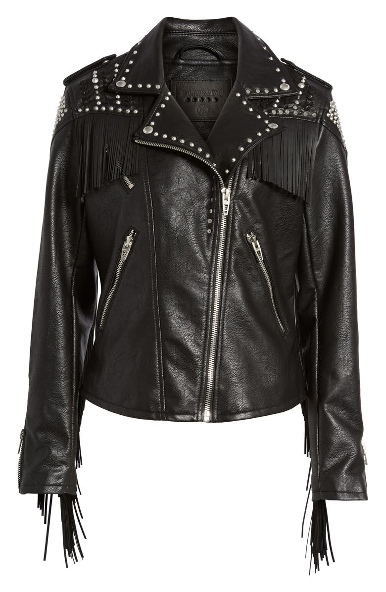 BLANKNYC Studded Fringe Faux Leather Moto Jacket, Alternate, color, 