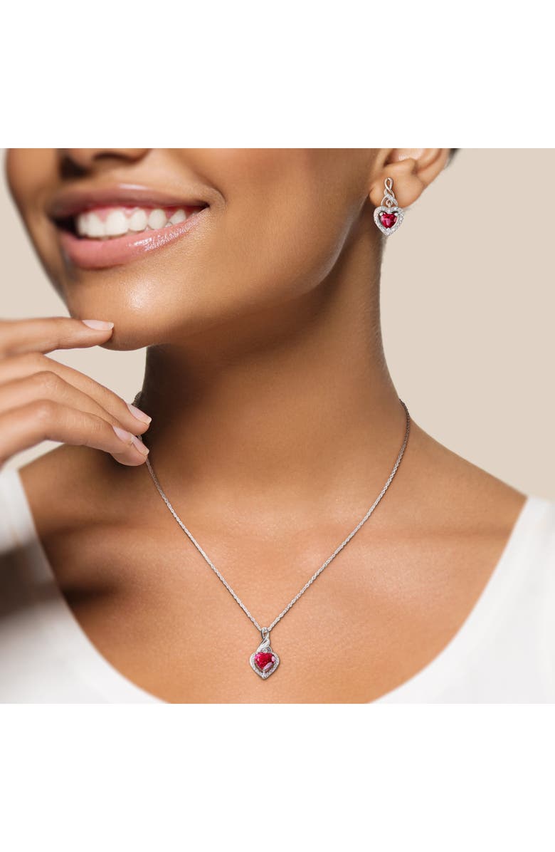 DELMAR Sterling Silver Lab Grown Ruby Heart & Diamond Necklace & Earrings Set, Alternate, color, Red