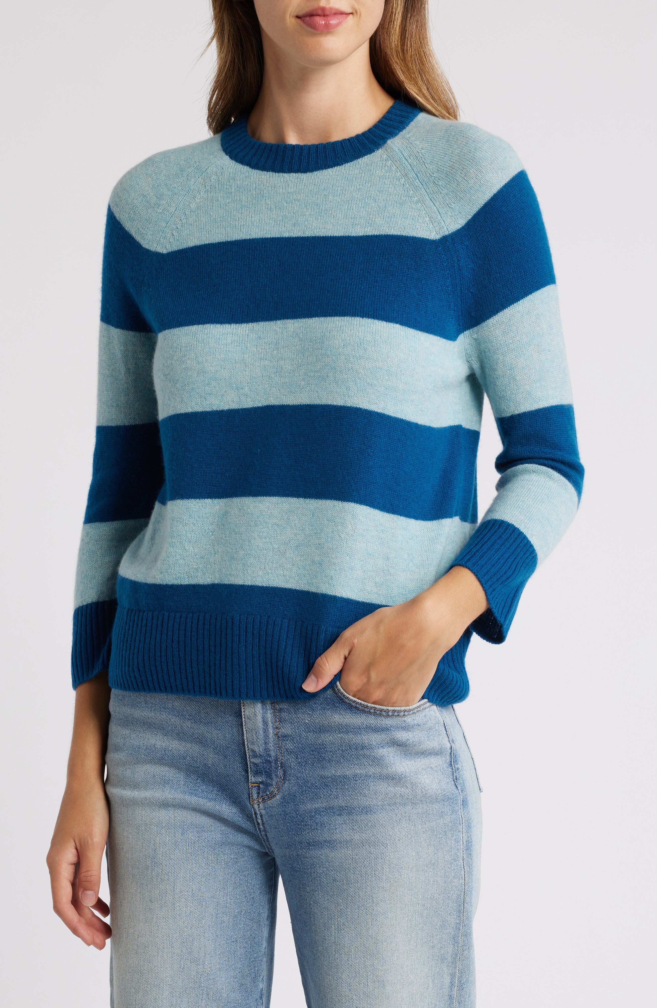 Griffen Stripe Wool & Cashmere Crewneck Sweater in Teal/Ice 