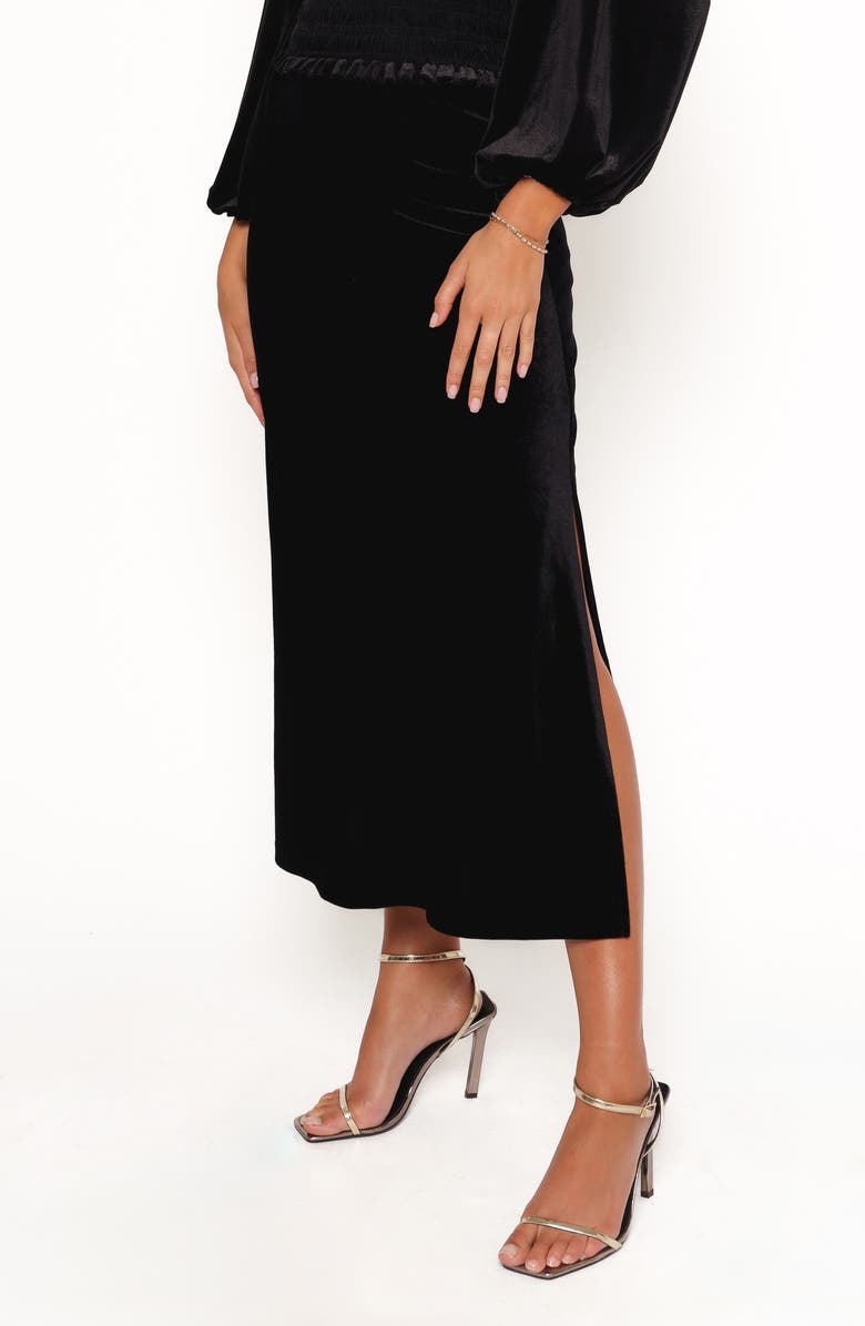 Petal & Pup Raelynn Velvet Midi Skirt, Main, color, Black