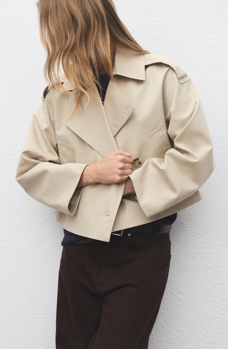 MANGO Double Breasted Crop Trench Coat, Alternate, color, Beige