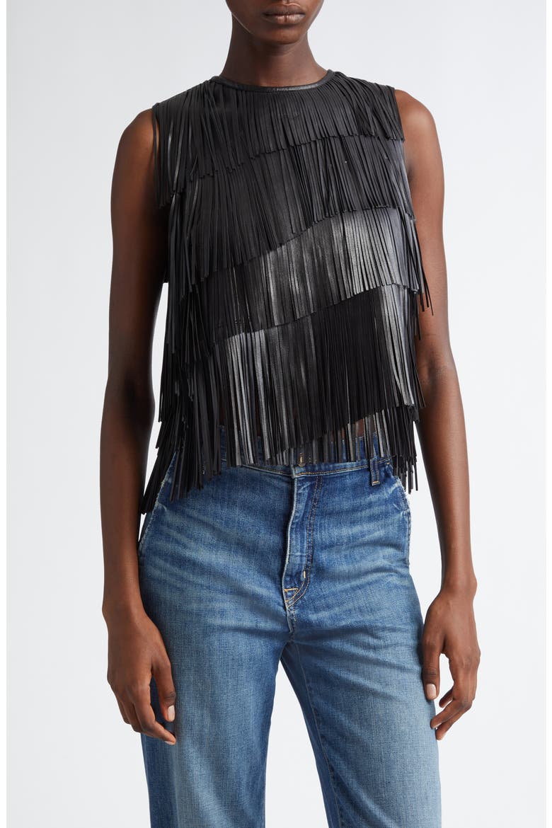 Leonie Leather Fringe Tank, Main, color, NOIR