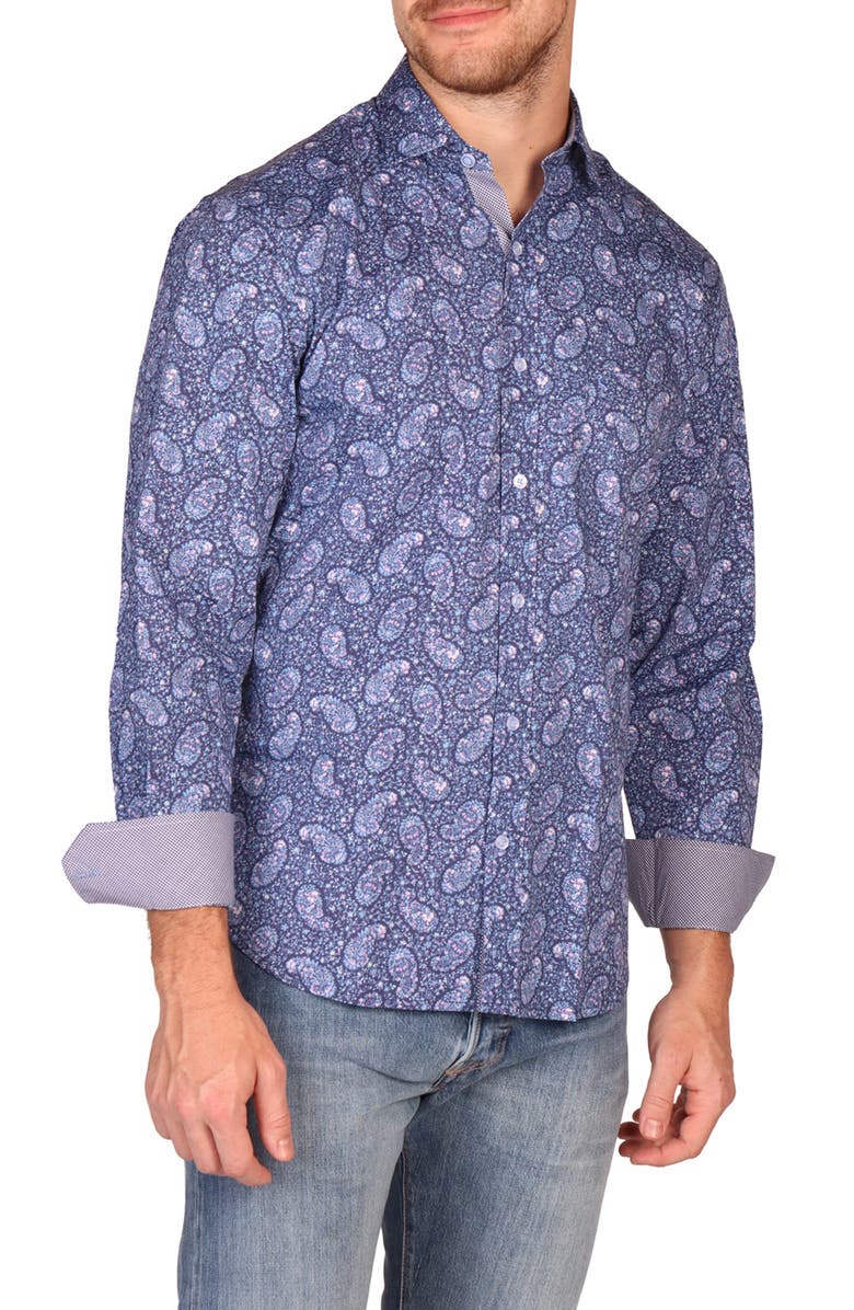 TailorByrd Classic Fit Floral Paisley Stretch Cotton Button-Down Shirt, Alternate, color, Blue