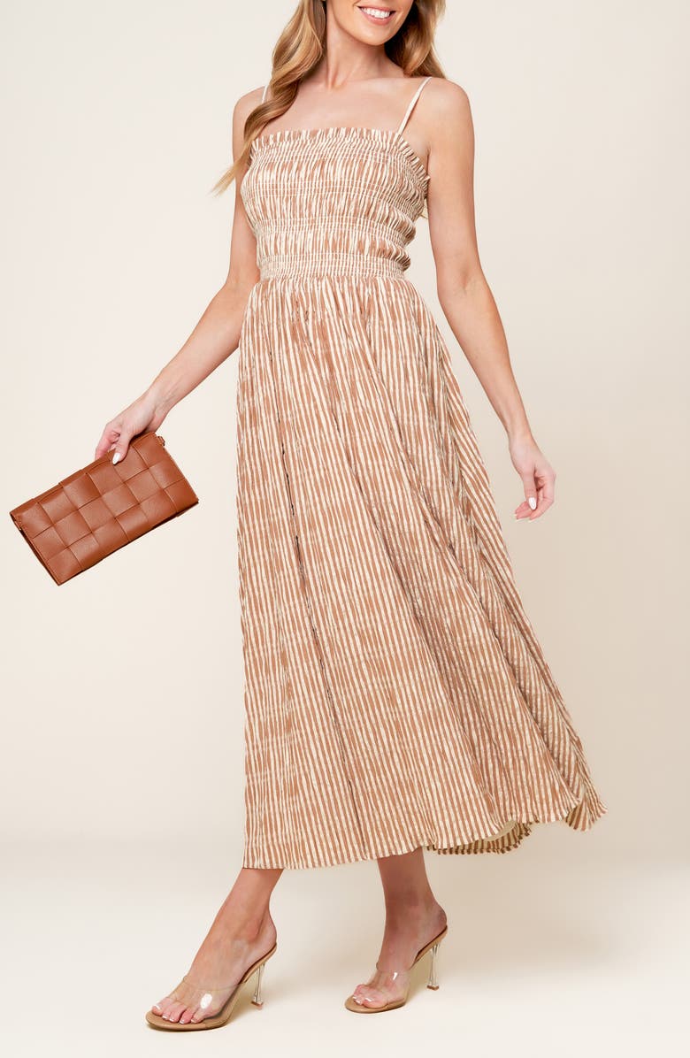 FLYING TOMATO Seersucker Stripe Midi Dress, Alternate, color, Brown/ Ivory