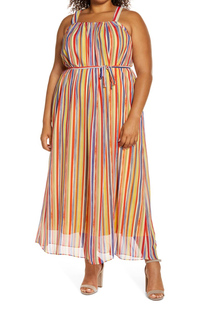 Maggy London Rainbow Stripe Crepe Maxi Dress, Main, color, 
