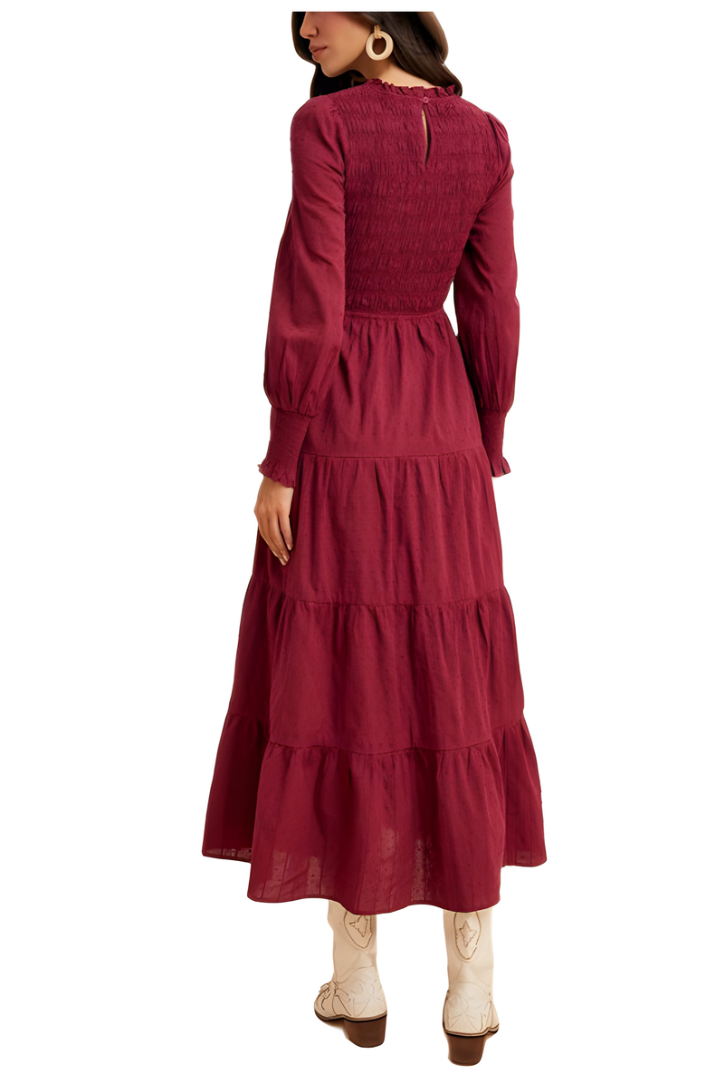 Knit and Lounge Smocked Bodice Tiered Maxi Dress with Long Sleeves, Alternate, color, 