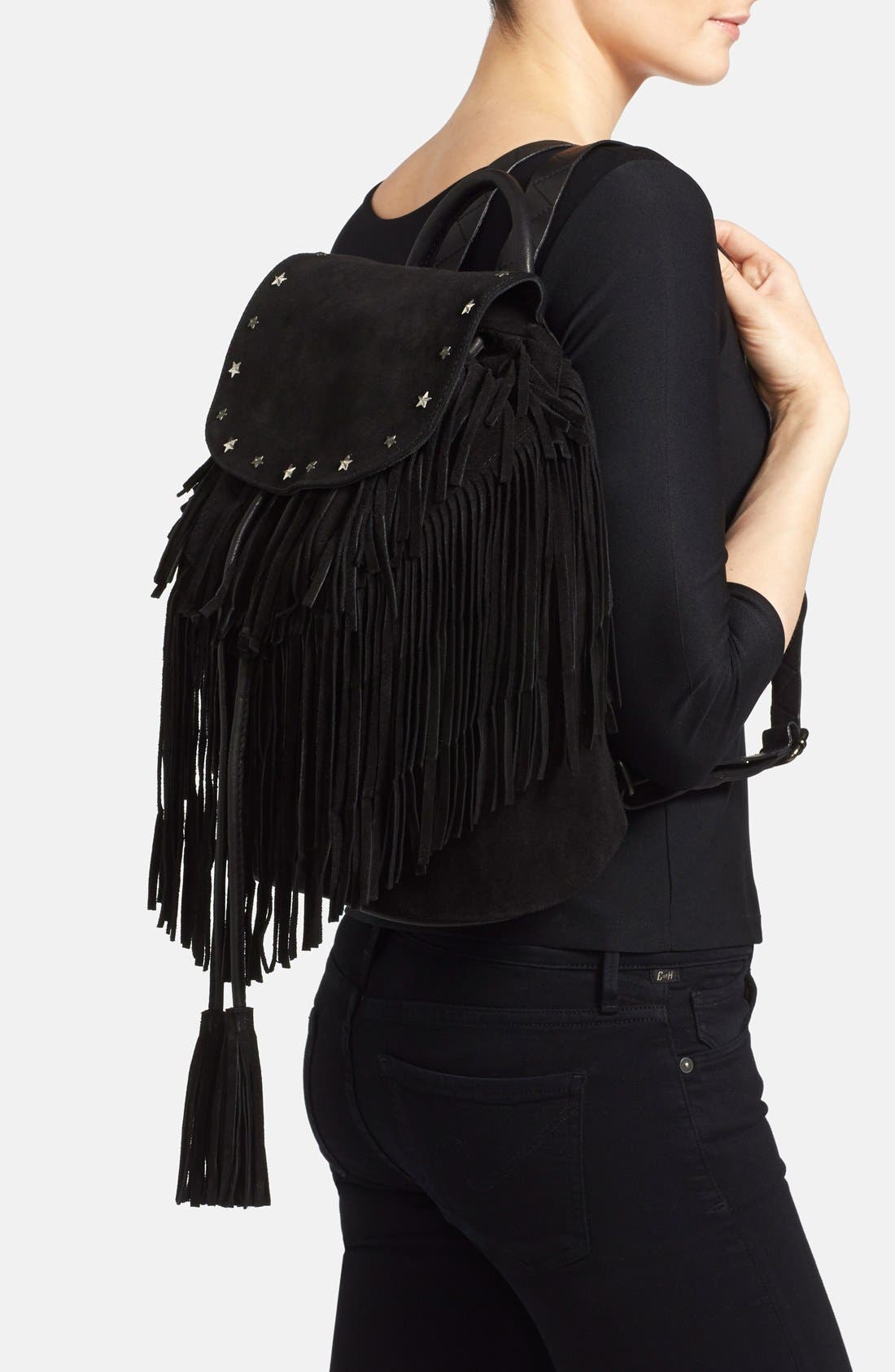 Fringed Suede Backpack, Alternate, color, BLACK