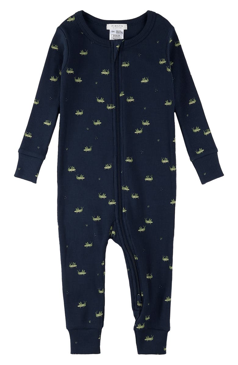 FIRSTS by Petit Lem Grasshopper Print Cotton Rib Fitted One-Piece Pajamas, Main, color, Navy