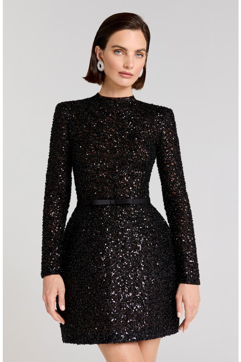 Edie Long Sleeve Sequin Cocktail Dress, Alternate, color, BLACK