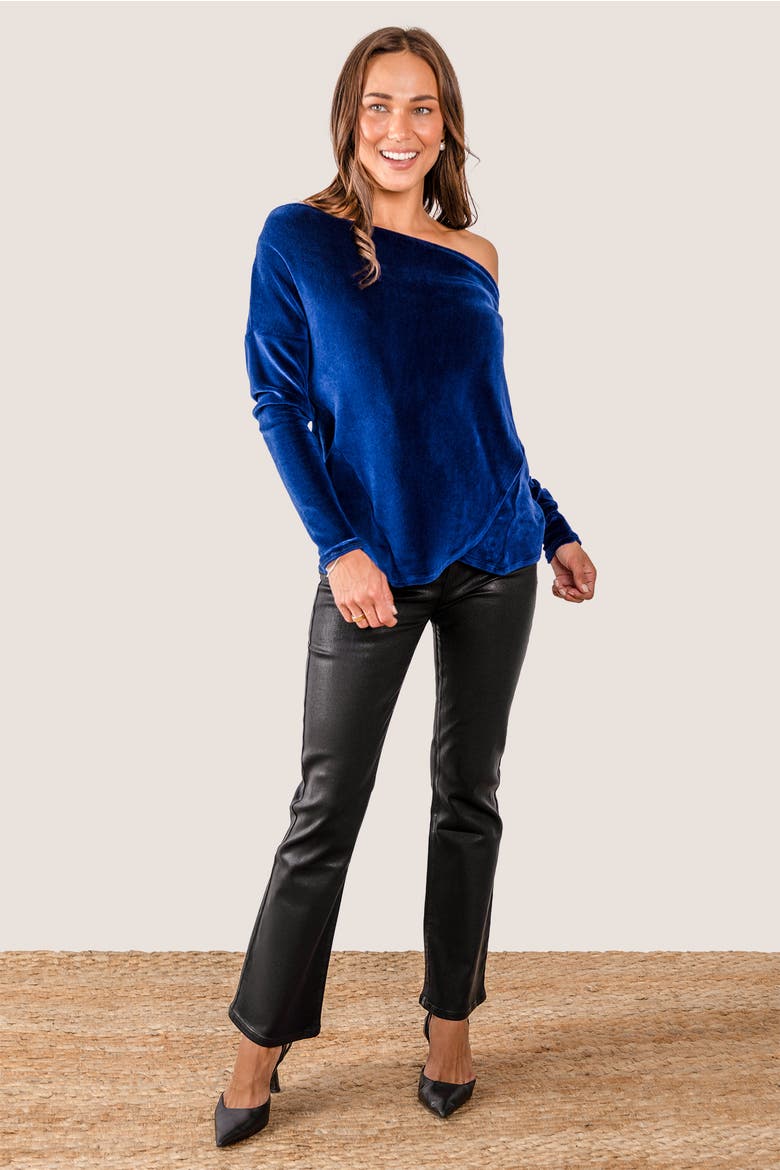 Sweater Weather Built-In Shelf Off-The-Shoulder Velour Long Sleeve Top, Alternate, color, Sapphire