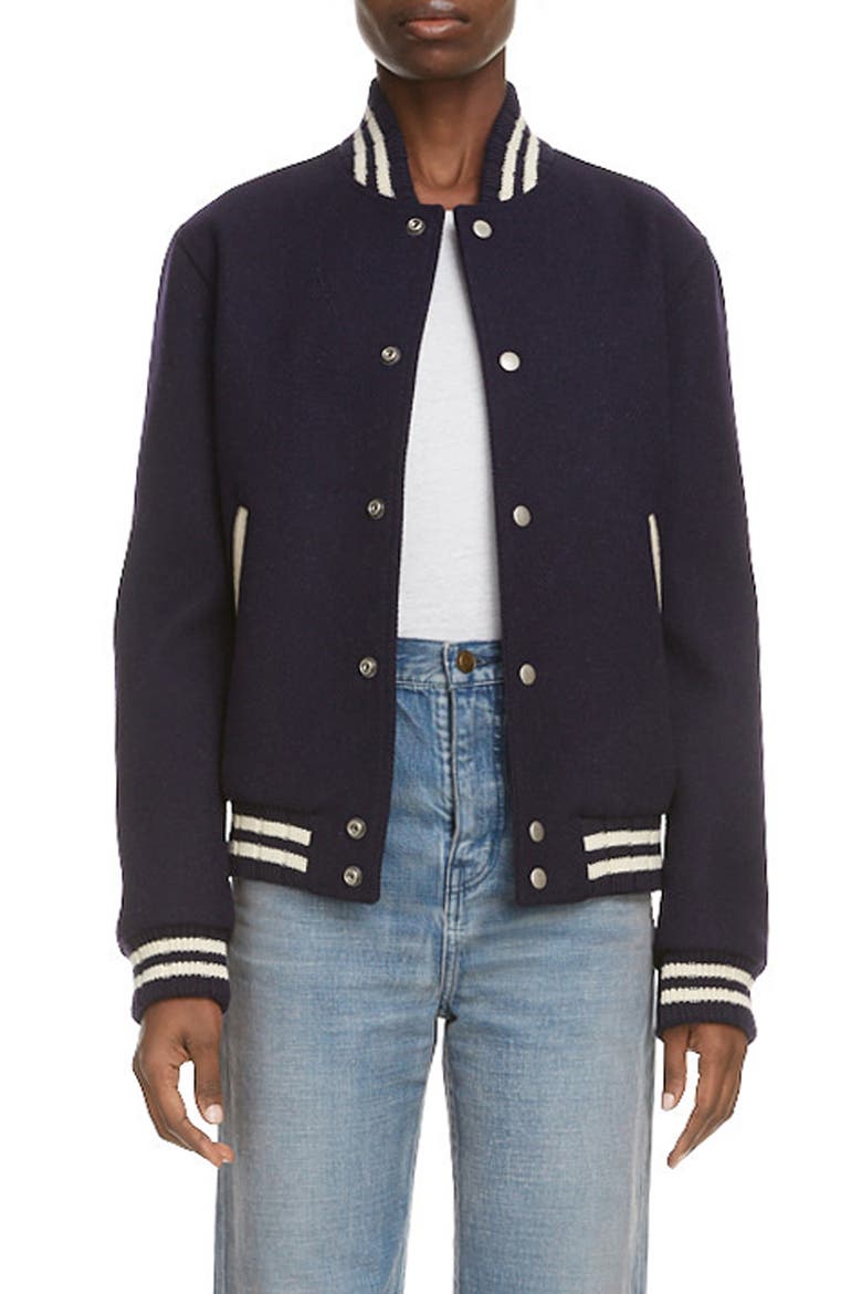 Teddy Logo Patch Wool Blend Bomber Jacket, Main, color, ENCRE