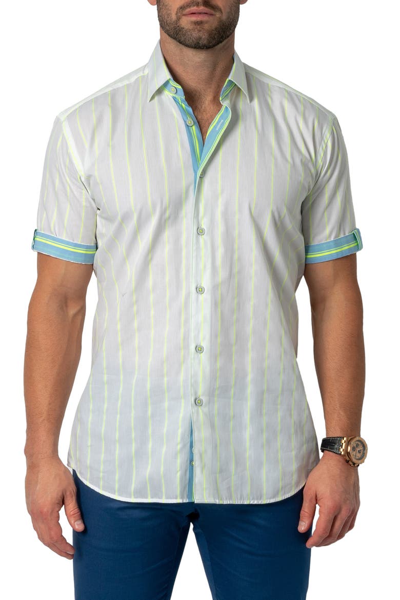 Galileo Fluo Short Sleeve Cotton Button-Up Shirt, Main, color, WHITE