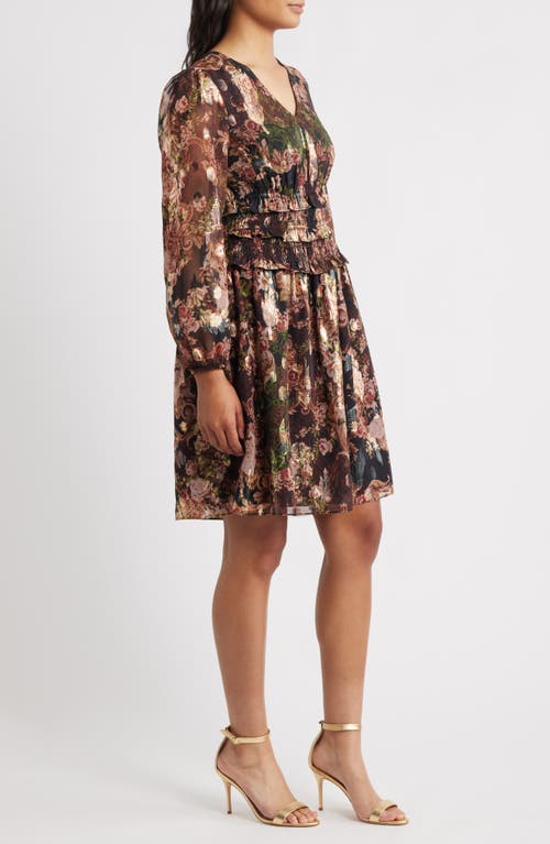 Eliza J Metallic Floral Long Sleeve Dress In Brown