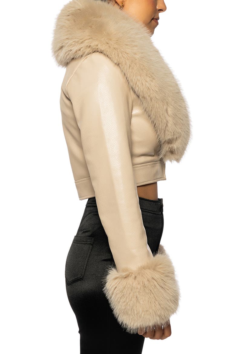 Gisele Faux Fur Trim Faux Leather Crop Jacket, Alternate, color, BEIGE