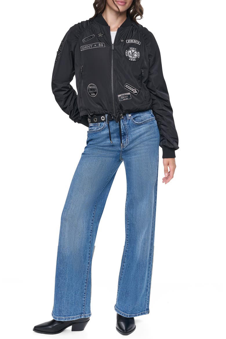 Ruched Pins & Patches Bomber Jacket, Alternate, color, BLACK