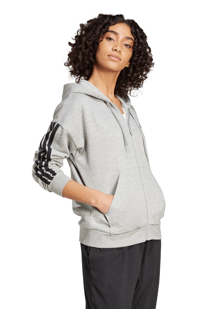 adidas Essentials 3-Stripes Full Zip Fleece Hoodie, Alternate, color, Medium Grey Heather/ Black