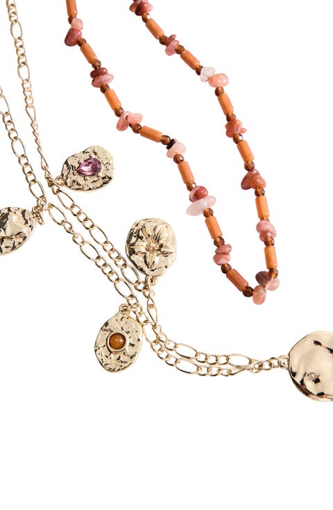 Set of 2 Medallion & Semi-Precious Stone Necklaces