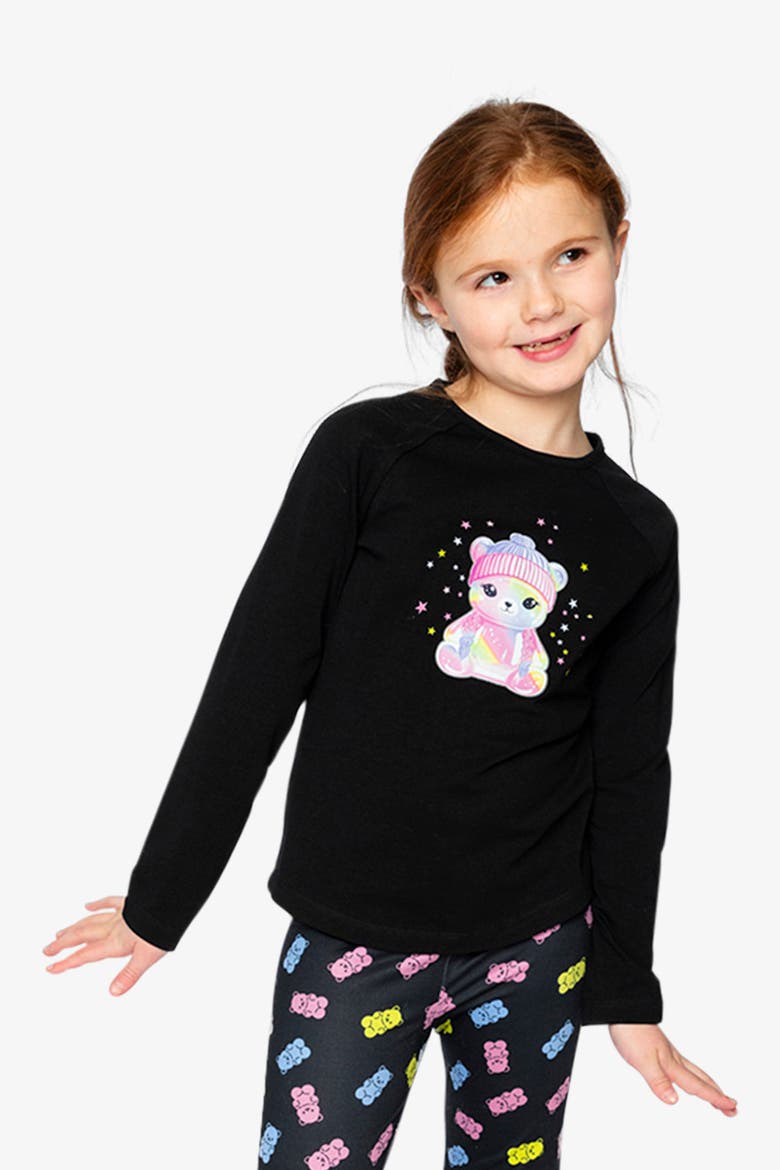 Rainbow Teddy Bear Raglan Organic Cotton Crew Neck T-Shirt, Alternate, color, Black