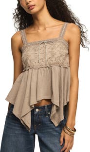 Lucky Brand Eyelet Yoke Handkerchief Hem Tank