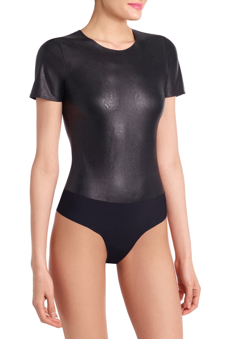 Faux Leather Tee Bodysuit, Main, color, BLACK