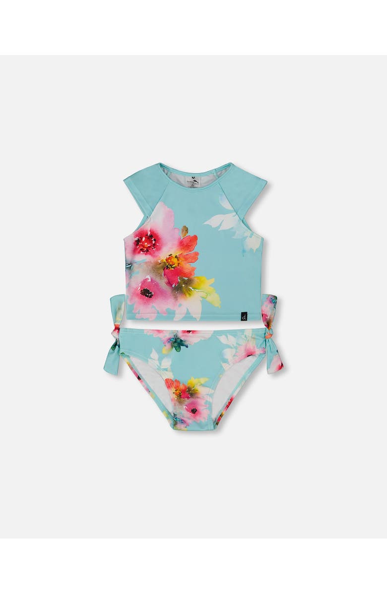 Deux par Deux Girl's Printed Two-Piece Swimsuit Turquoise And Pink Flowers, Main, color, 