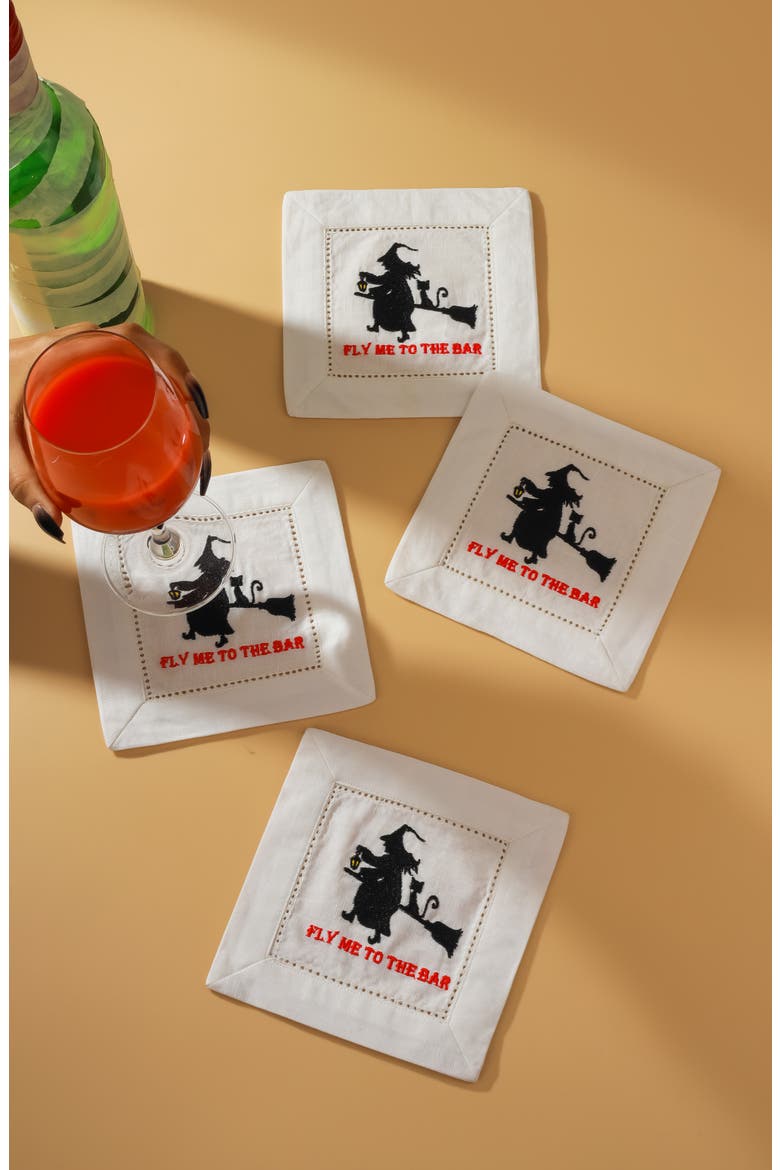 Fly Me To The Bar Embroidered Linen Cocktail Napkins, Alternate, color, BLACK/ RED