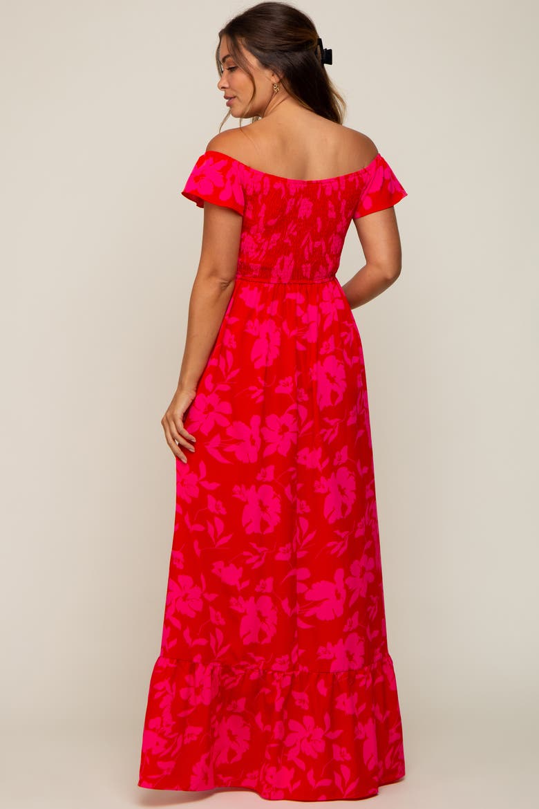 Floral Smocked Cinched Top Maxi Dress, Alternate, color, Red