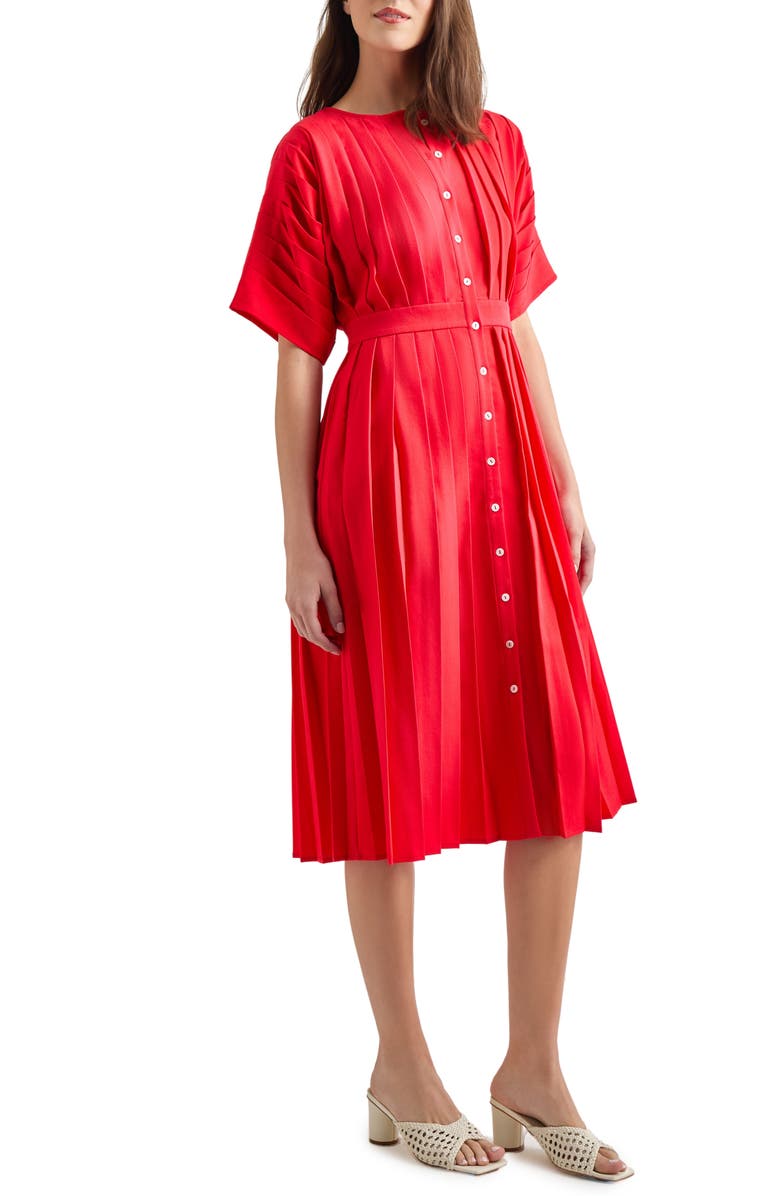 Misook Pleated Fit & Flare Midi Dress, Alternate, color, Radiant Pink