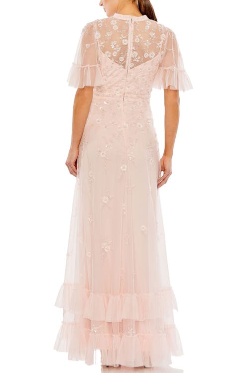 Mac Duggal Floral Embellished Flutter Sleeve A Line Gown In Peach