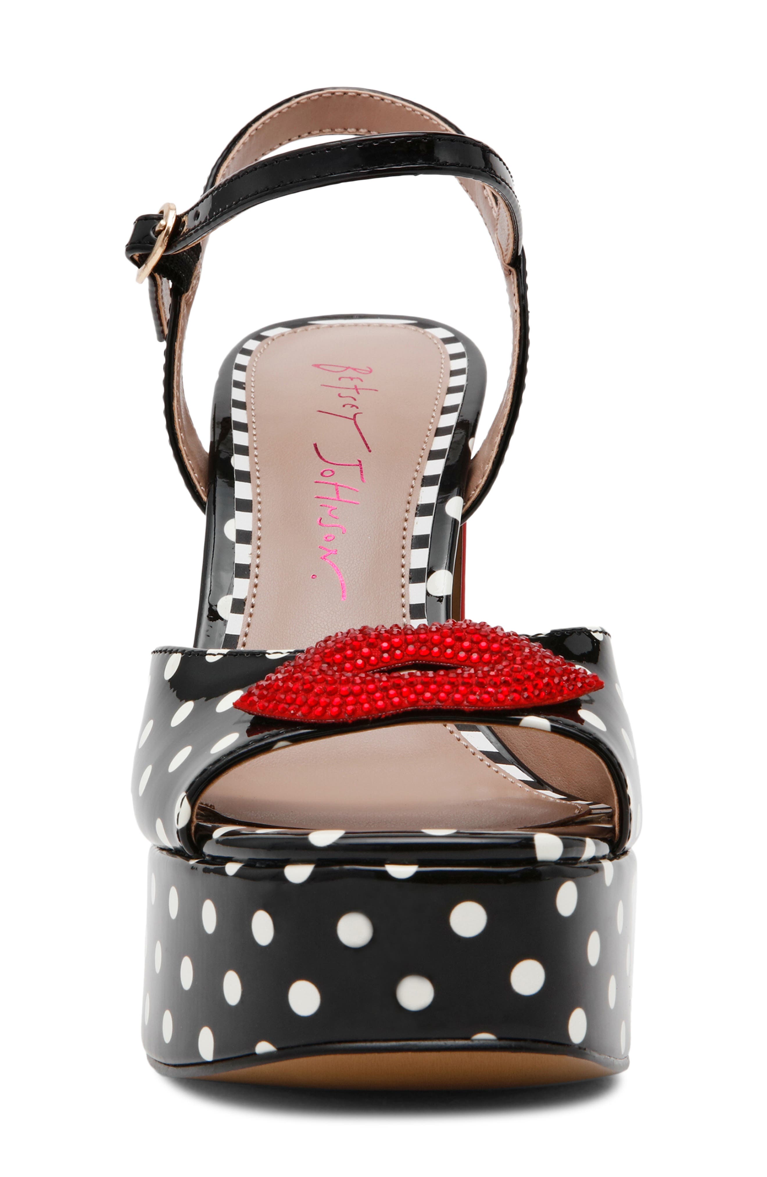 Betsey Johnson Allyson Ankle Strap Platform Sandal, Alternate, color, White/ Black Polka Dot