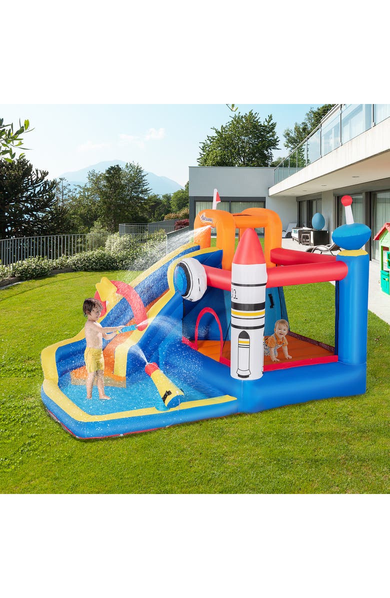 Outsunny 5-in-1 Inflatable Water Slide Kids Bounce House Space Theme, Alternate, color, Multi Color