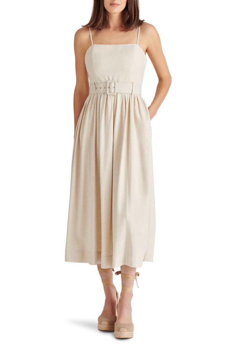 Napoli Belted Linen Blend Midi Dress, Main, color, NATURAL